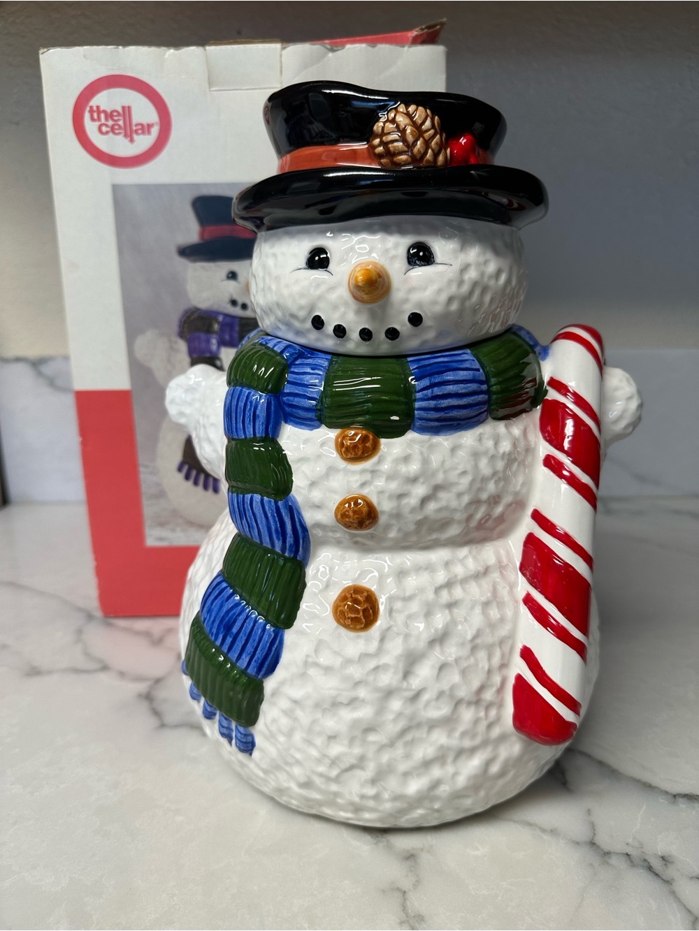 Vintage ‘97 Snowman Handpainted Ceramic Cookie Jar Holiday Christmas From Macy’s